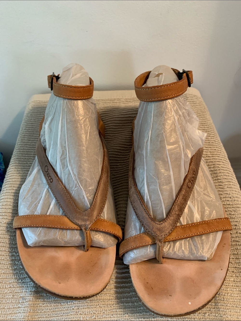 Chaco Sophie Two-Tone Brown Tan Leather Ankle-Strap Sandals